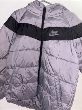 Nike Kids Silver Puffer Jacket with Black Chest Band